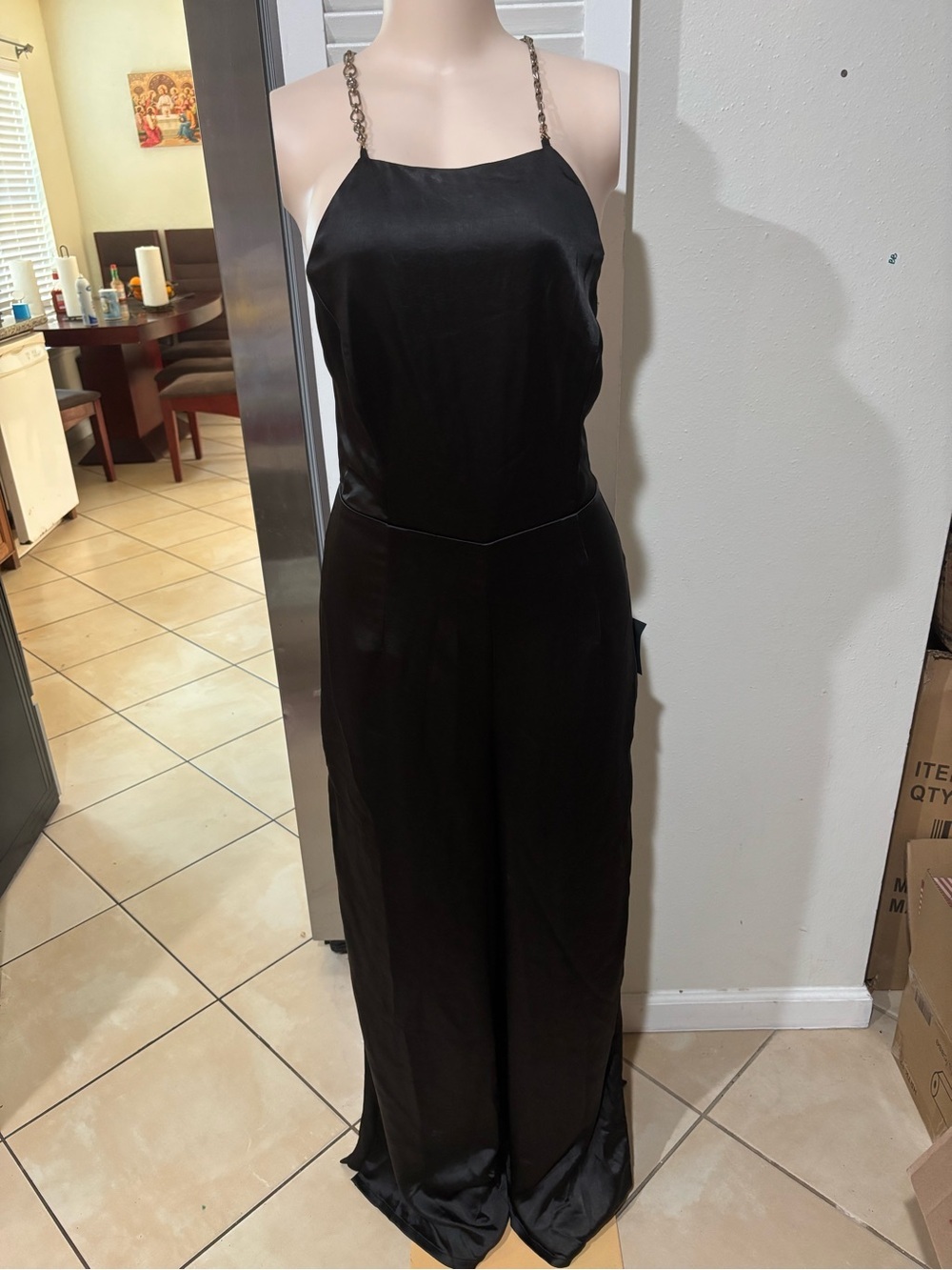 Lulu's Black Satin Chain-Strap Wide-Leg Jumpsuit